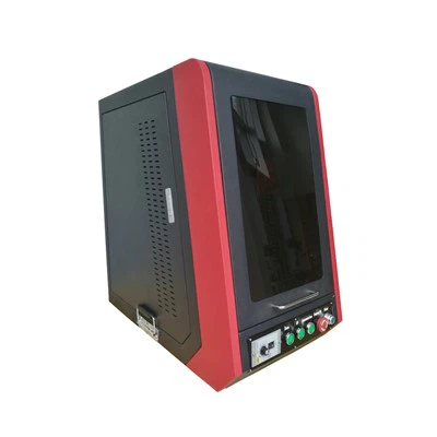 50W 赤い色のワークベンチが付いている閉じられた繊維レーザーのマーキング機械